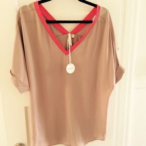 Silky shirt, tan with bright pink