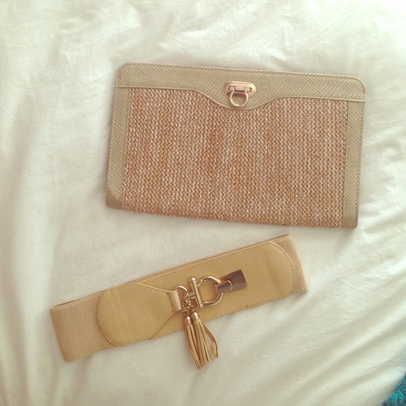 Tan and Gold Envelope Clutch w/ Matching Belt