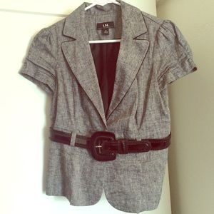 Grey and black dress shirt with belt.