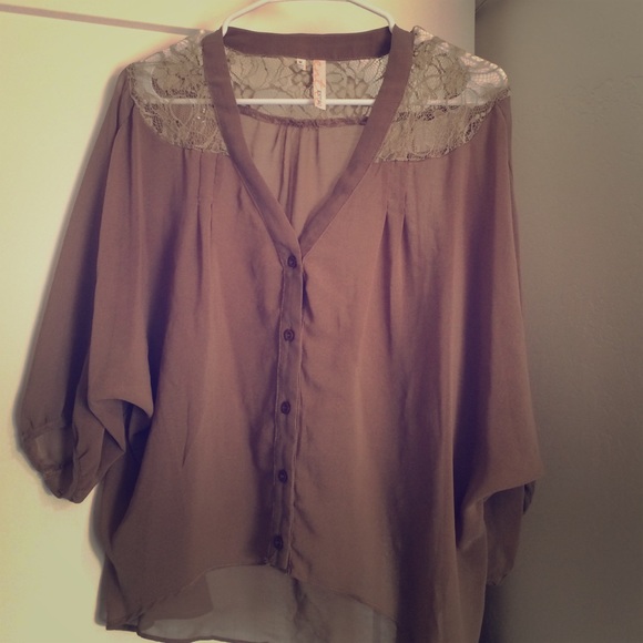 Brown chiffon top with lace on the shoulders