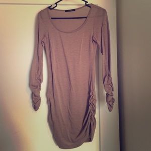 Brown dress with gathers on the bottom and sleeves