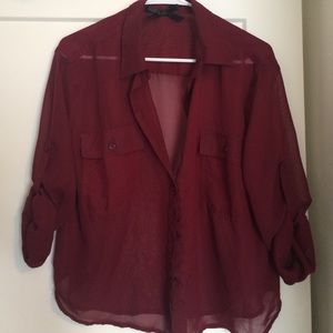 Dark red chiffon, button up top with collar.