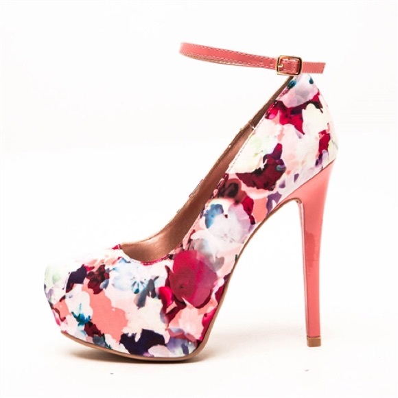Qupid floral ankle strap stiletto high heel pump