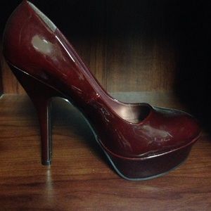 Burgundy patent leather platform stilettos