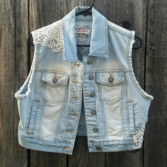 Cropped denim laced crochet vest