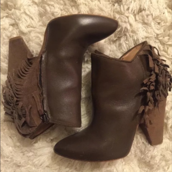 Zara Basic Brown leather Fringe Booties 6.5 37