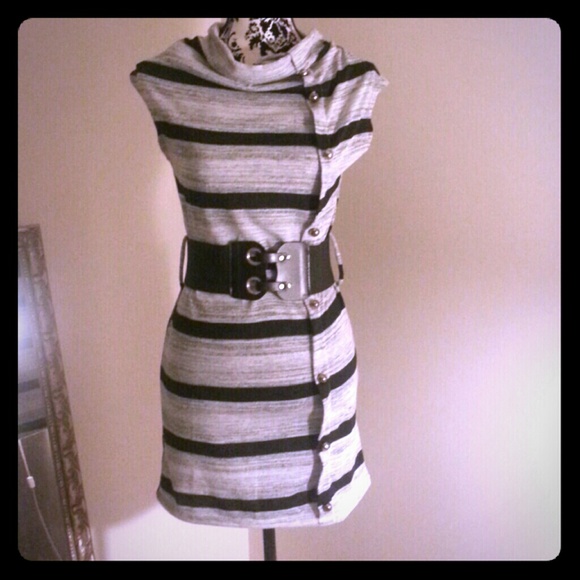 Grey & Black Stripped Dress w/ Black Belt