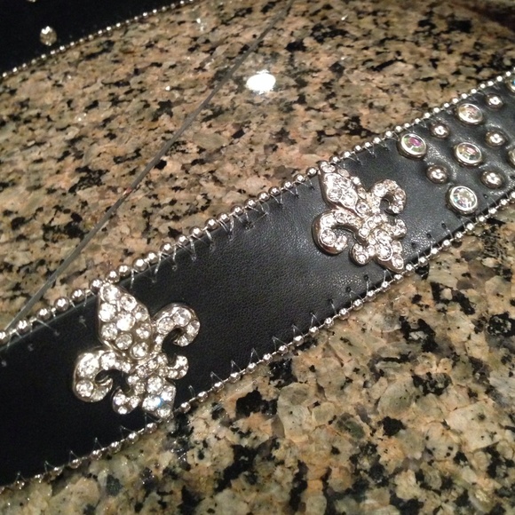 Black fleur de lis leather belt