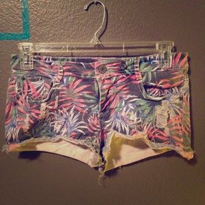 Floral denim cutoff shorts