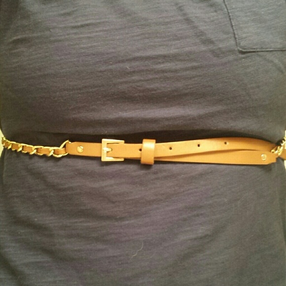 Gold chain and brown thin belt