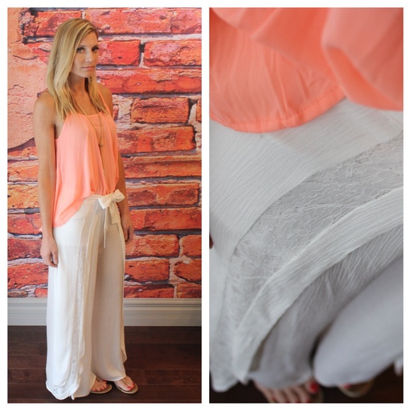 Pants - 🇺🇸 Ivory gauze palazzo pants lace inset and tie