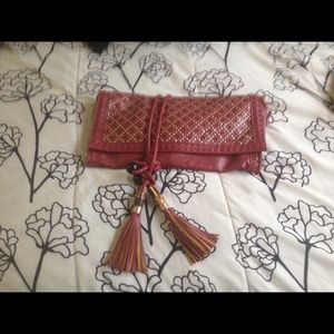 Red leather clutch with gold beading & fringes
