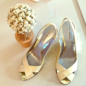 Brand new Tan and gold wedge heels