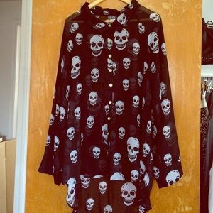 Plus Size Skull Chiffon Button Down Top