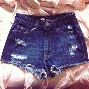 BDG High rise distressed dark denim shorts