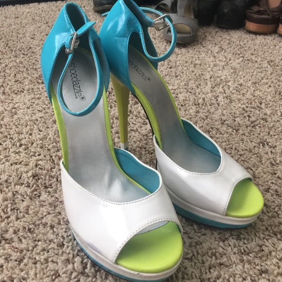 Blue, green and white high heels