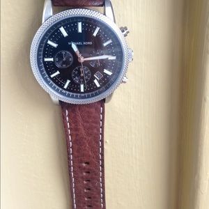 Mk mens leather brown watch