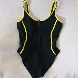 Black swimsuit with bright yellow trim