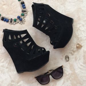 Black Laser Cut Peep Toe Wedges