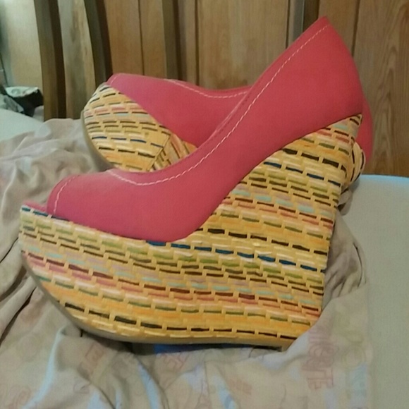 Pink wedges with multicolored bottoms