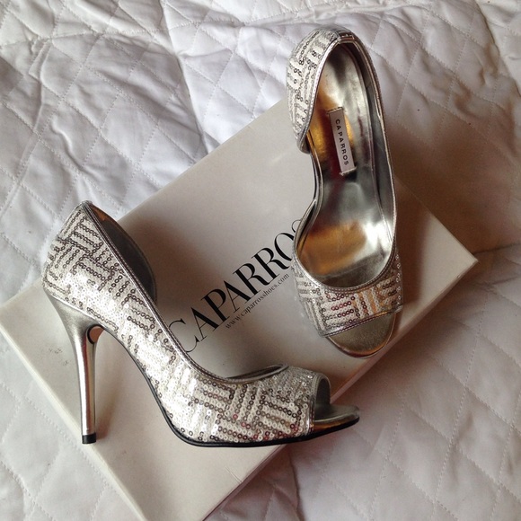 Silver sequins peep toe heels