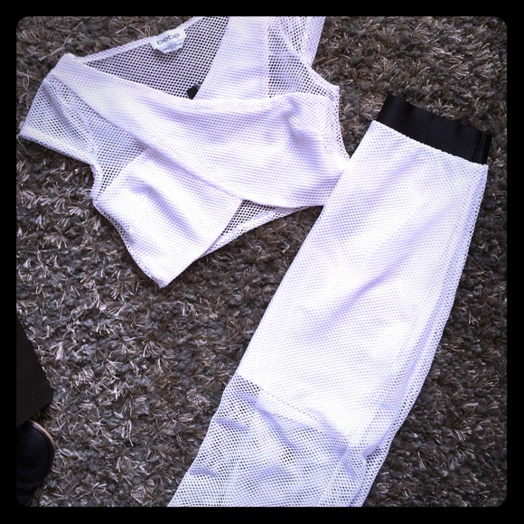 BEBE white mesh crop top and skirt