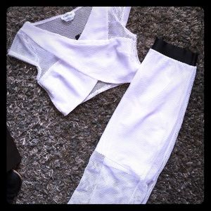 BEBE white mesh crop top and skirt