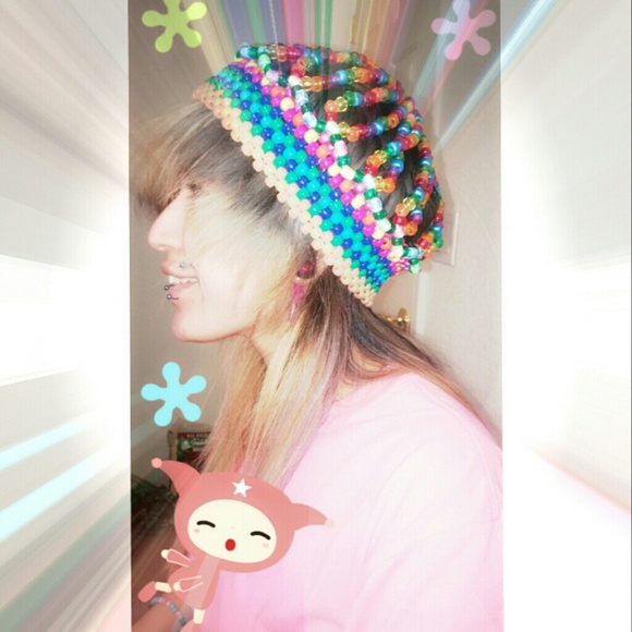 handmade rainbow beaded kandi beanie ::)