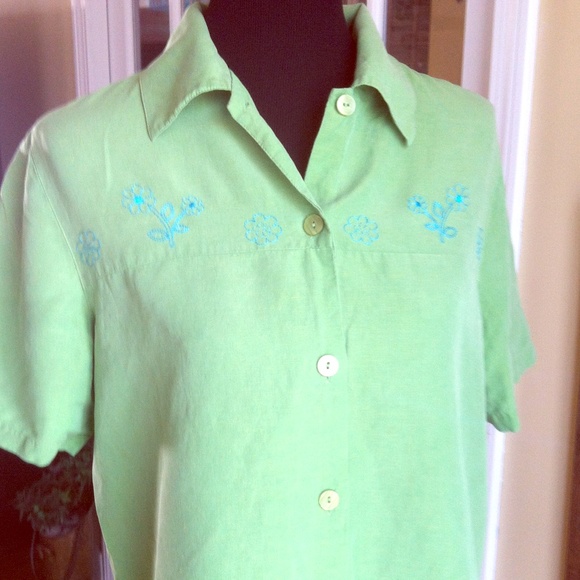 DRESSBARN Green silk @ linen top