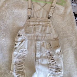 Distressed White Denim Overalls