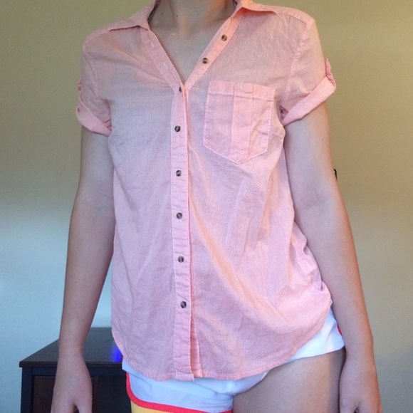 Coral and white striped button down with pocket