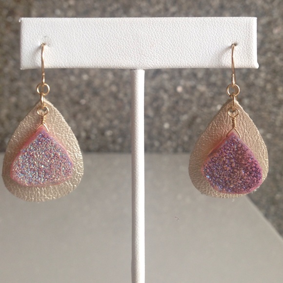 Gold Colored Leather Earrings with Pink Druzzies