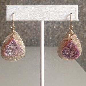 Gold Colored Leather Earrings with Pink Druzzies