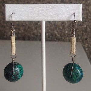 Blue Chrysocolla Earrings Beige Suede Silver