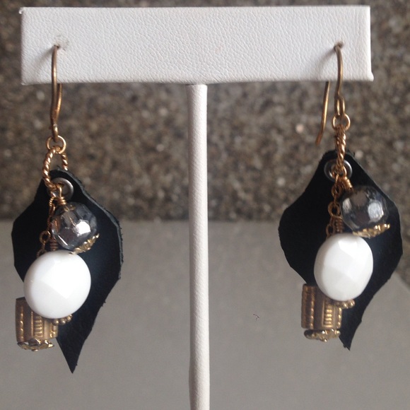 Black Leather Earrings Gold Plated
