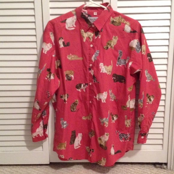 Vintage hot pink button up Cat print shirt