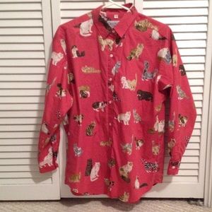 Vintage hot pink button up Cat print shirt