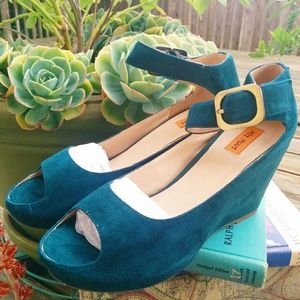 Miz Mooz teal suede peep toe wedges