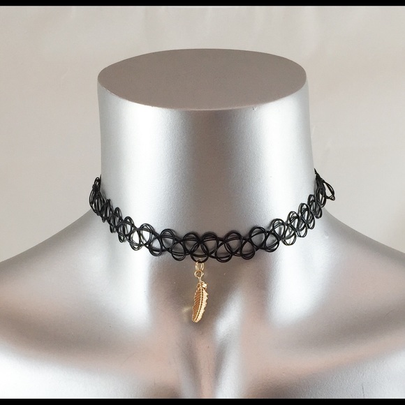 BLACK TATTOO STRETCH COLLAR CHOKER LEAF NECKLACE
