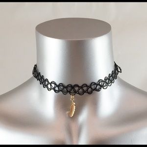 BLACK TATTOO STRETCH COLLAR CHOKER LEAF NECKLACE