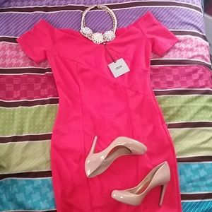 ASOS OFF SHOULDER PINKISH RED MID CALF DRESS SZ 8
