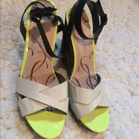 Neon and black and white Aztec strappy wedges