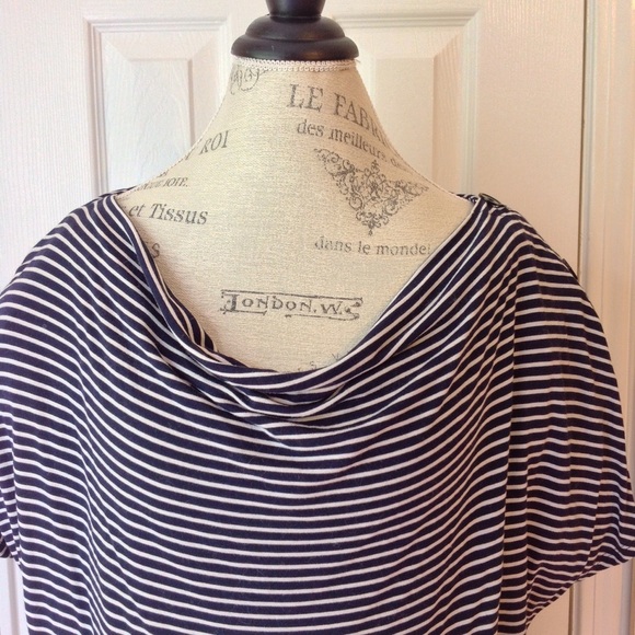 Navy Striped Draped Neck Short Sleeve Top