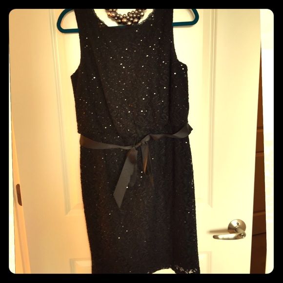 Black, sequin formal dress with ribbon belt