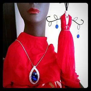 Tear Drop Blue Sapphire & Rhinestones Pendant w/Ch