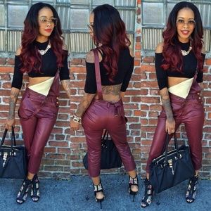 Burgundy faux leather overalls