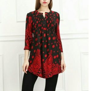 Red & Black Vine Notch Neck Tunic