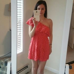 Coral lace one shoulder dress