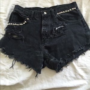Destroyed black studded high waisted shorts