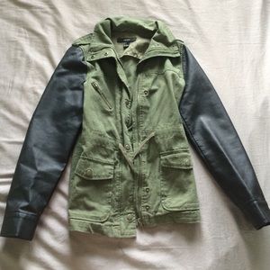 Army style jacket with leather accent sleeves